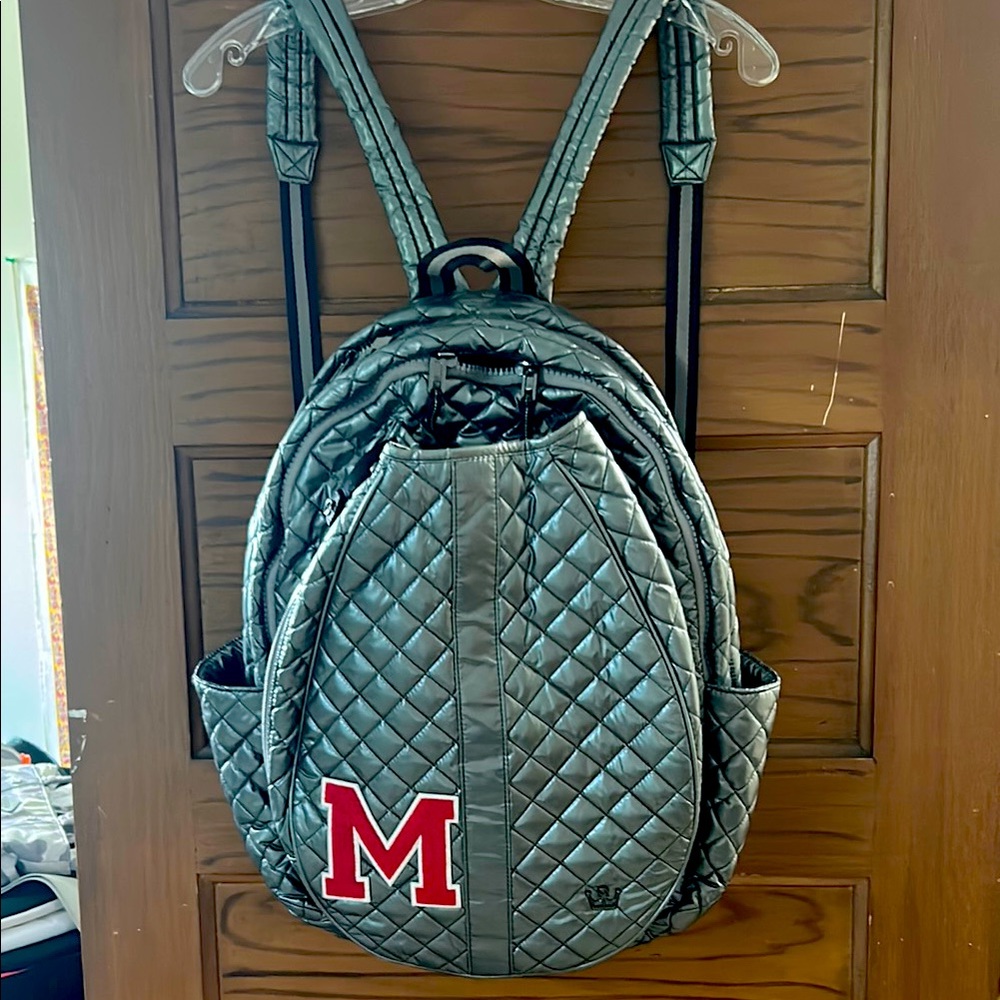Oliver Thomas Metallic Lacquer Platinum Quilted Tennis Backpack with Red Accents